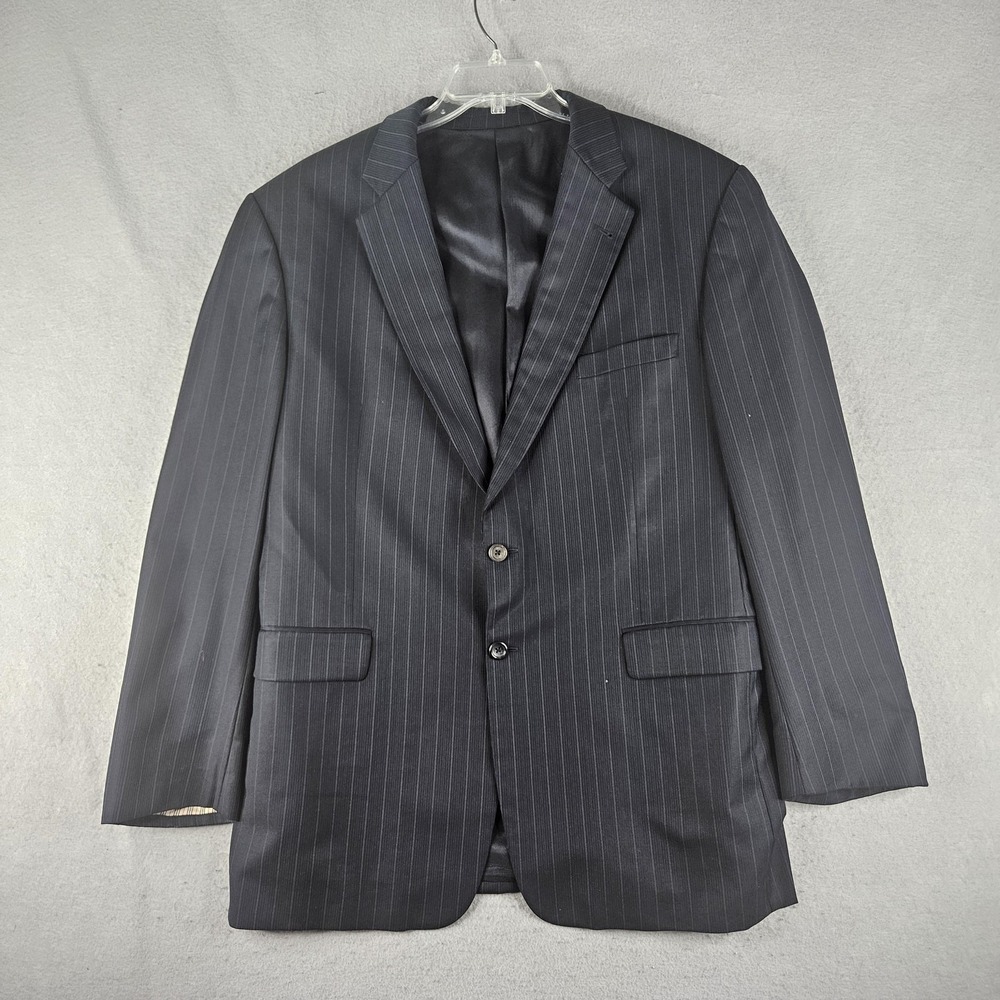 Burberry Suit Jacket Mens 46 Blue Pinstripe Wool Two Button Long Made USA Formal